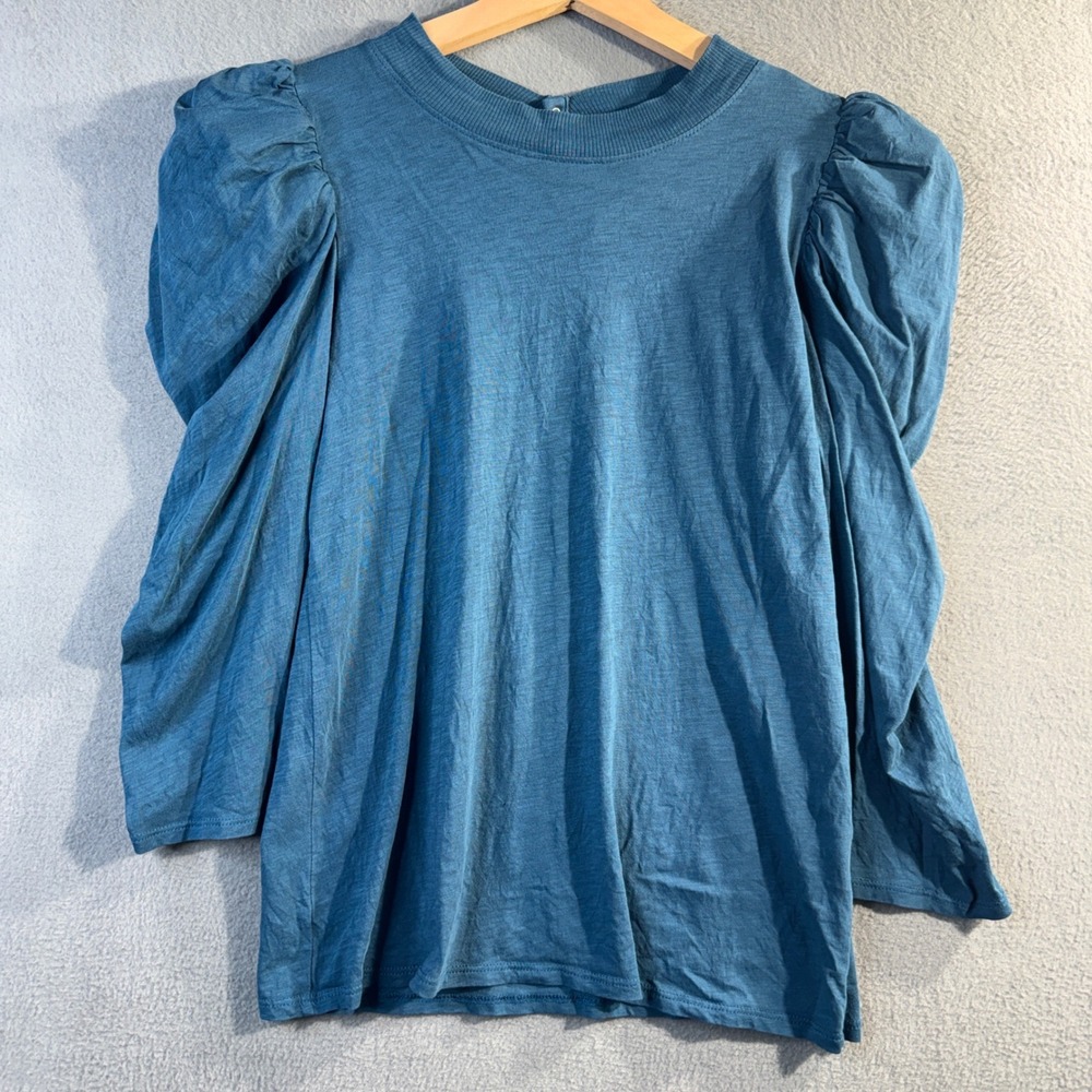 Nation LTD Blue Puff Sleeve Snap Back Slub Knit Tee Top Womens Medium 8325